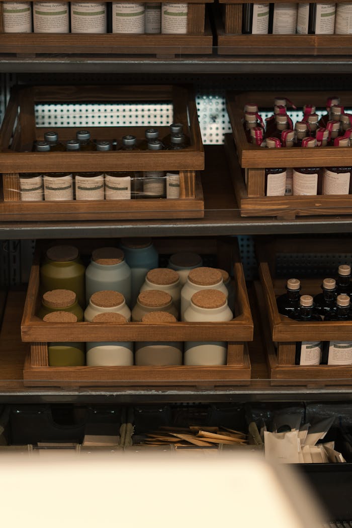 hero-img Neatly arranged wooden shelves displaying various bottles and jars in a shop setting.